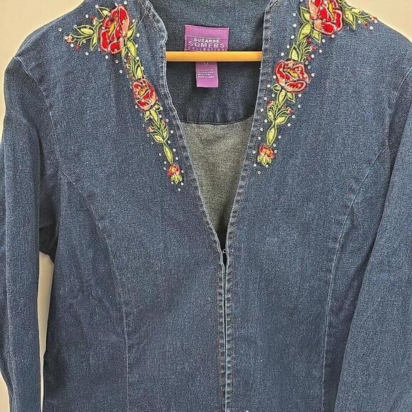Suzanne Somers Collection Embroidered Floral Rhinestone Jean Jacket Size M - Picture 2 of 12